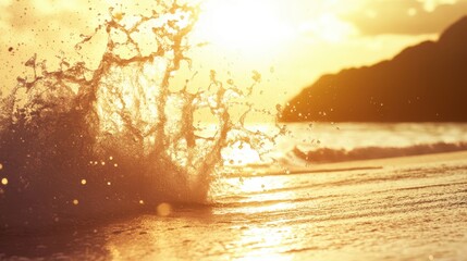 A serene sunset reflects on ocean waves, capturing the beauty of nature with splashes of water illuminated by golden light.