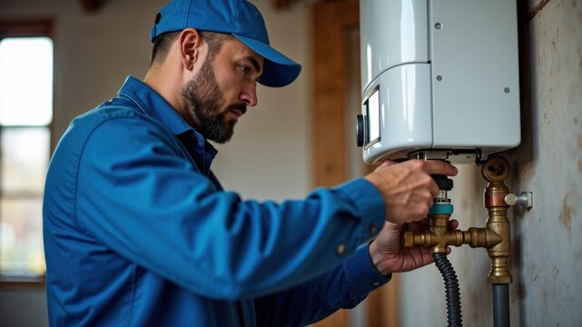 A man is currently in the process of fixing a water heater in a house