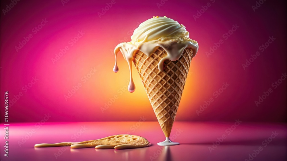 Poster a melted ice cream cone dripping down the side of a waffle cone on a pink background