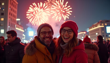  Retrato de pareja joven y guapa en una fiesta en la calle