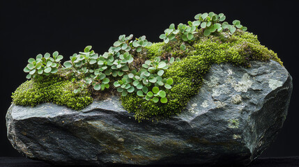 Fototapeta premium close up of moss covered rock featuring vibrant green plants and textures, showcasing nature beauty and intricate details