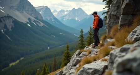 Fototapeta premium Climber at Banff National Park, Canada, earthy green and brown tones, gravity-defying landscapes captured in 8k with Hasselblad X1D.