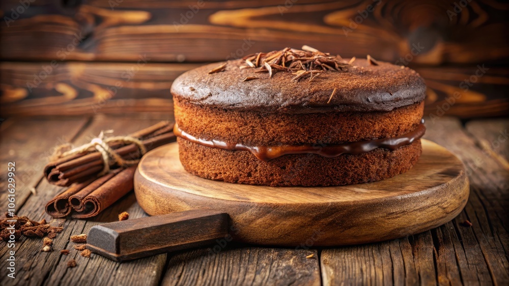 Aufkleber A Single Layer Chocolate Cake Decorated with Chocolate Shavings and Garnished with Cinnamon Sticks on a Rustic Wooden Table