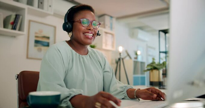 Customer support, consultation and black woman agent in office for inbound crm, sales and telemarketing. Call center, headset and African advisor with multilingual technical service for translation.