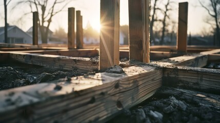 Obraz premium Sun sets behind the foundational beams of a house, casting dramatic shadows and highlighting the essence of construction and hope.