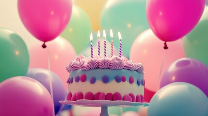birthday party balloons, colourful balloons background and birthday cake created by ai