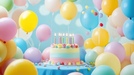 birthday party balloons, colourful balloons background and birthday cake created by ai