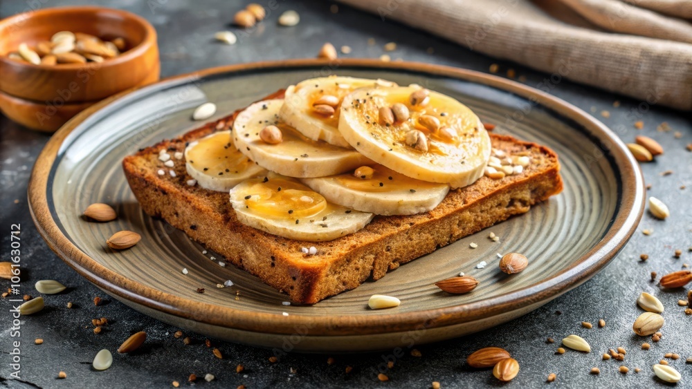 Aufkleber a deliciously simple toast with sliced banana, honey, and toasted nuts on a rustic plate