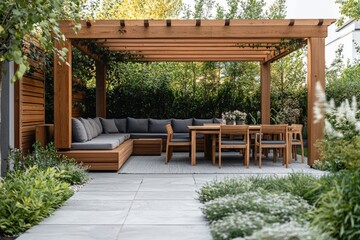 Obraz premium Stylish outdoor dining area featuring a wooden pergola and comfortable seating in a lush garden