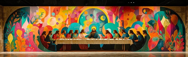 Colorful mural of the Last Supper featuring vibrant figures and abstract designs in a contemporary art gallery setting