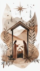 A serene nativity scene depicting Mary and Joseph with the newborn in a manger surrounded by rustic foliage against a gentle, earthy backdrop