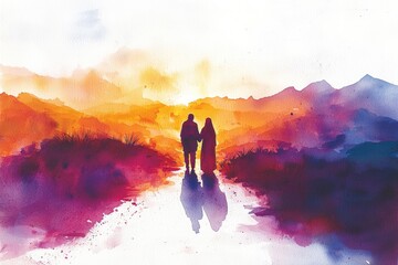 Obraz premium A couple walks hand in hand at sunset, surrounded by vibrant colors and silhouettes of mountains in the distance