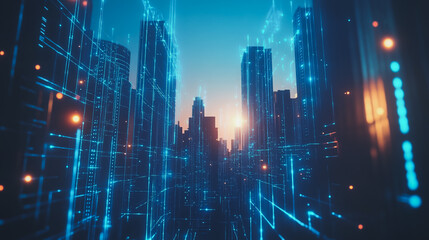 Smart digital city with connection cyber security network reciprocity over the cityscape . future smart wireless digital city and social media networking systems that connects people within the city