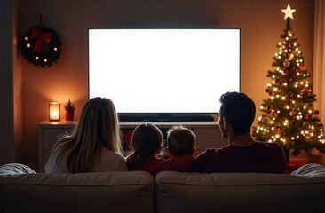 A family enjoys a cozy Christmas evening watching TV with a blank screen for customizable text, surrounded by a decorated Christmas tree and warm holiday lights