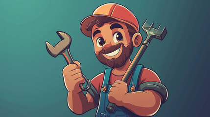 Cheerful mechanic holding tools in a cartoon style, showcasing craftsmanship and readiness for repair work in a playful setting