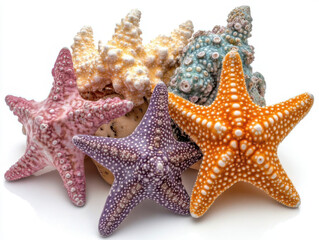 Three starfish leaning against coral, isolated on a white background.