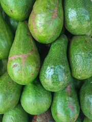 Freshly harvested avocados grouped together in a tight frame, showcasing their vibrant green color and appetizing appearance