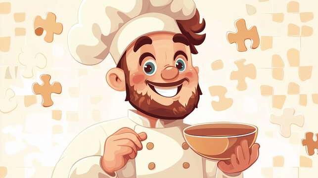 Cheerful chef mixing ingredients in a kitchen with puzzle pieces in the background during a lively culinary session