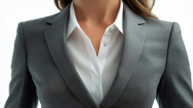 grey ladies jacket with white shirt is elegantly displayed, showcasing professional and stylish look. This attire is perfect for business settings or formal occasions