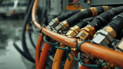 Fototapeta premium A close-up of colorful hoses and cables on machinery captures an industrial scene filled with intricate details and mechanical complexity.