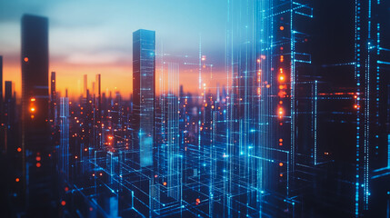 Fototapeta premium Smart digital city with connection cyber security network reciprocity over the cityscape . future smart wireless digital city and social media networking systems that connects people within the city
