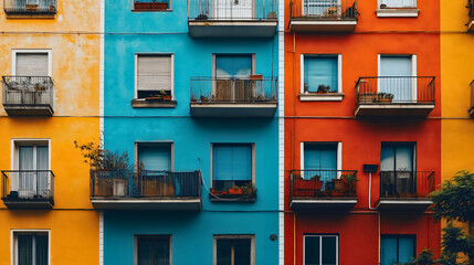 Fototapeta premium Vibrant multistory multicolor city, dynamic building house facade wall, striking architecture town block urban, modern residential contemporary, colorful downtown structural