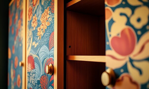 Floral patterned cabinet with brass knobs.