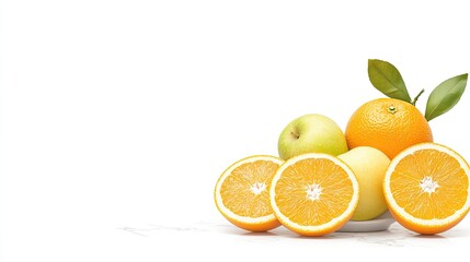 Fresh fruits assortment, featuring oranges and apples on a white isolated background.