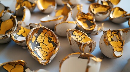 A close-up of cracked eggshells with striking golden patterns, beautifully arranged, showcasing intricate textures and details.