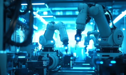 Fototapeta premium Industrial robots in blue lit factory.