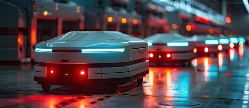 Futuristic hover car speeding through neon lit city streets at night  Digital render of an innovative sleek and technologically advanced vehicle concept in a urban environment