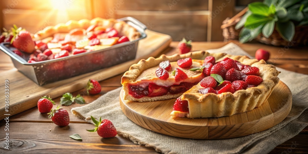 Poster a delicious strawberry pie with a flaky crust and a creamy filling, ready to be devoured on a rustic