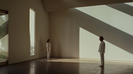 Two people standing apart in a minimalist room, with dramatic sunlight highlighting the space between.