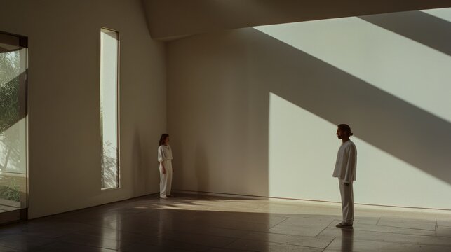 Fototapeta Two people standing apart in a minimalist room, with dramatic sunlight highlighting the space between.