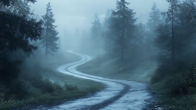Winding road through the misty forest a serene