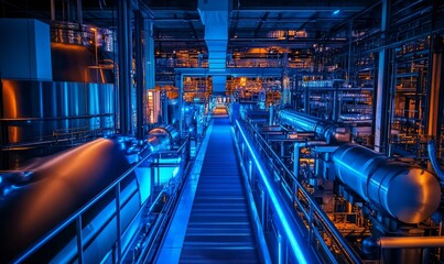 Obraz premium Blue lit industrial walkway, pipes and tanks.