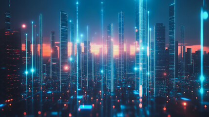 Fototapeta premium Smart digital city with connection cyber security network reciprocity over the cityscape . future smart wireless digital city and social media networking systems that connects people within the city
