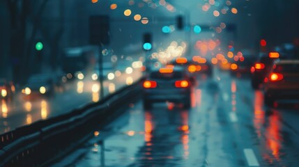 Obraz premium Blurred image of a city street at night with car headlights and street lights glowing. Urban scene with traffic lights. Concept of nightlife and transportation.