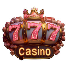 Gold crown sits atop the Casino Logo with Lucky pink sevens Jackpot 777 sparkles vibrant lights. Ai generated. Colorful PNG illustration.