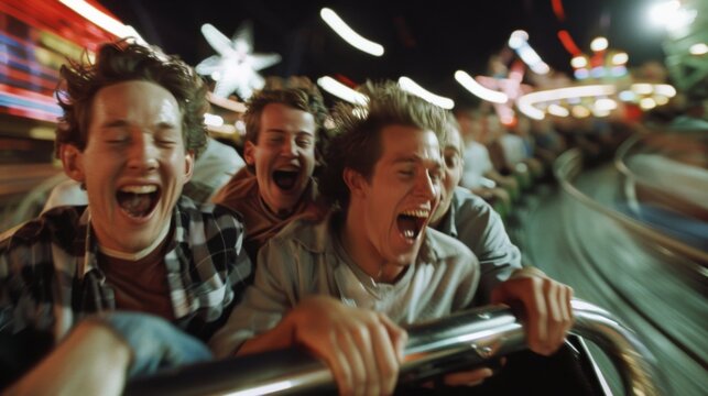 Friends experience pure joy and thrill on a rollercoaster, captured mid-ride with hair flying and laughter erupting under colorful night lights.