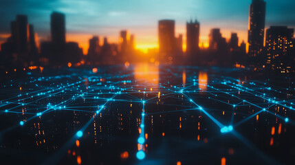 Fototapeta premium Smart digital city with connection cyber security network reciprocity over the cityscape . future smart wireless digital city and social media networking systems that connects people within the city