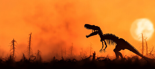 Naklejka premium Silhouette of dinosaur skeleton against sunset haunting reminder of extinction