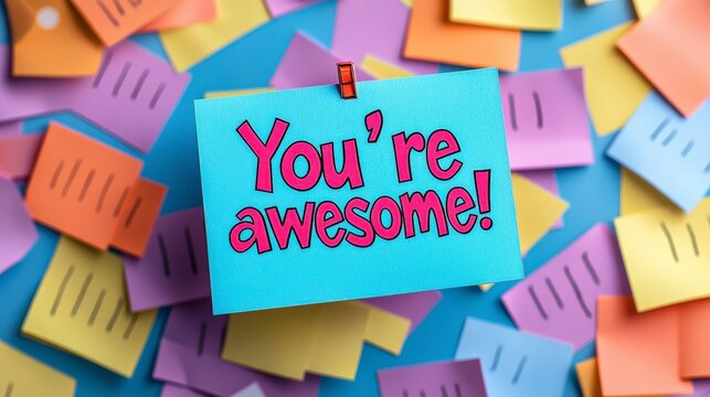 A vivid arrangement of sticky notes highlights a blue sticky note with a positive message, 'You're awesome!' showcasing a mix of orange, purple, and yellow notes.
