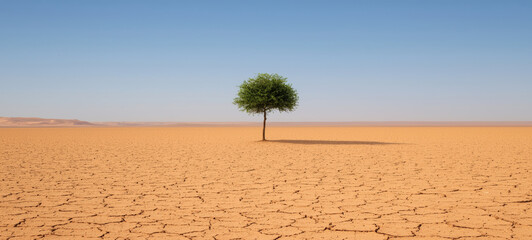 solitary tree stands resilient in vast, arid desert landscape