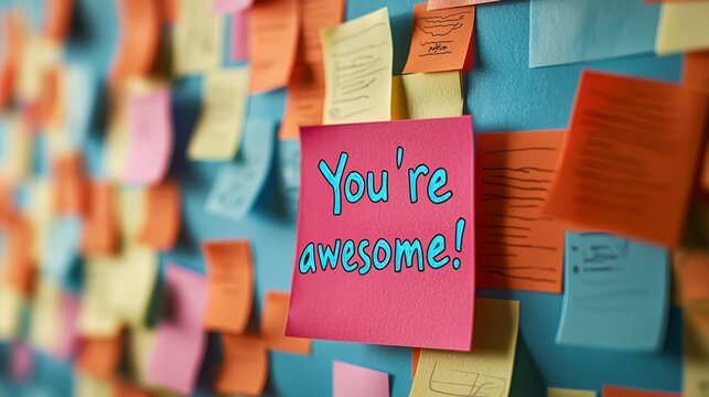 Set against a lively mosaic of sticky notes, a blue sticky note stands out with the inspirational message 'You're awesome!', surrounded by vibrant shades in the background.