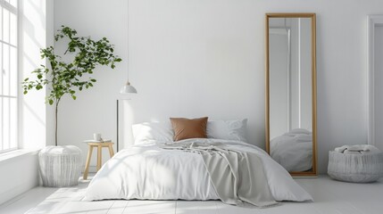 Minimalist Bedroom Interior Design with White Bedding and a Full-Length Mirror.