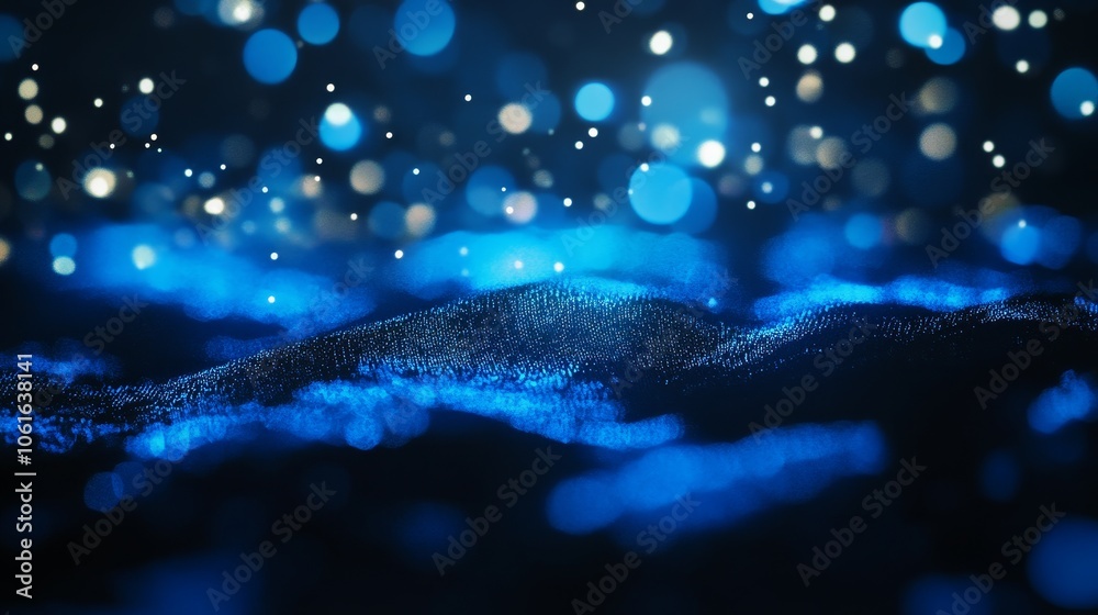 Wall mural abstract blue bokeh background with a wavy texture, featuring sparkling lights and a dreamy atmosphe