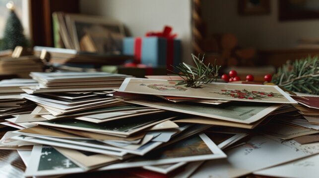 A nostalgic array of holiday cards filled with heartfelt messages, forming a colorful tribute to the timeless tradition of sending festive greetings.