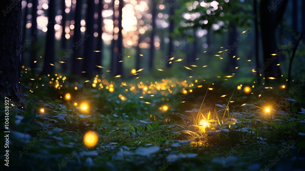 Poster a magical forest scene at dusk with fireflies lighting up the scene like tiny lanterns.