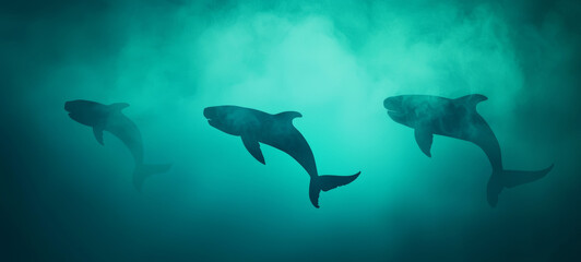 Naklejka premium Ghostly outlines of extinct sharks swimming in misty ocean